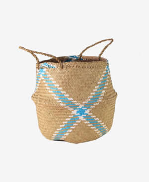 El yapımı Naturel Örme Dekoratif Mavi Ekose Hasır Sepet XLarge