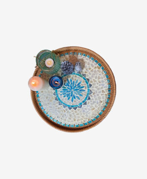 dekoratif rattan sedefli turkuaz beyaz mum tepsisi