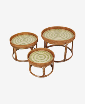 Rattan Sedefli Yeşil Üçlü Zigon Sehpa