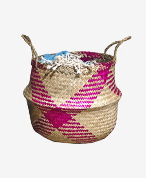 Naturel Örme Ekose Desen Hasır Organizer Fuşya Sepet