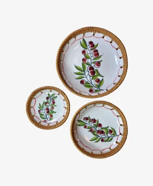 Olive Rattan Çerçeveli 3'lü Seramik Kase