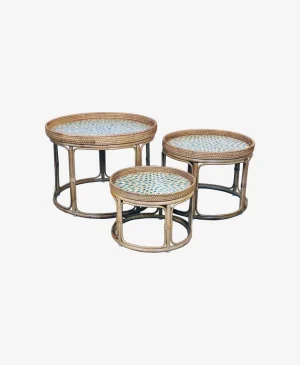 Rattan Mavi Sedefli Üçlü Zigon Sehpa